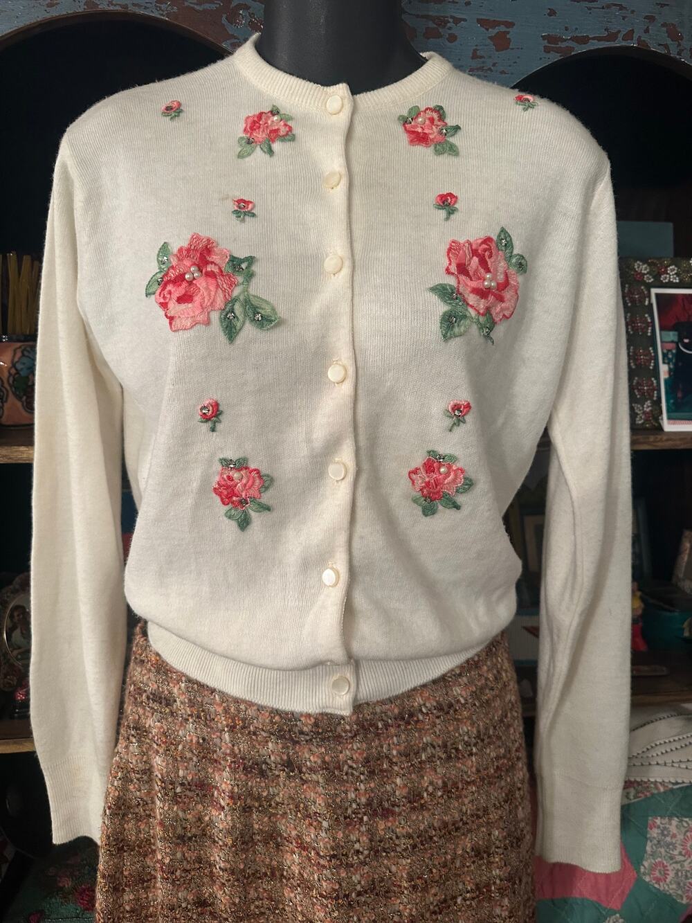VINTAGE 50's ORLON EMBROIDERED CARDIGAN ROSES PEARLS BEADS RHINESTONES